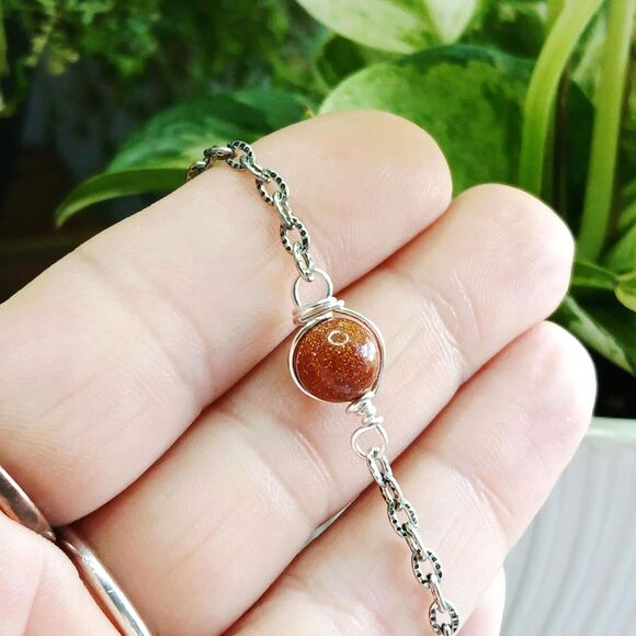 Goldstone Beaded Bracelet Anklet, Gemstone Jewelry Accessories 9" - Picture 3 of 3